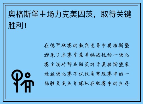 奥格斯堡主场力克美因茨，取得关键胜利！